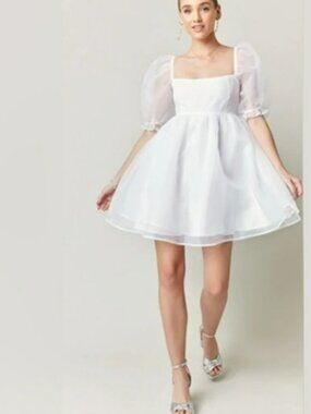 Audrey Parks White Puffy Sleeve Babydoll Mini Dress Sz XL